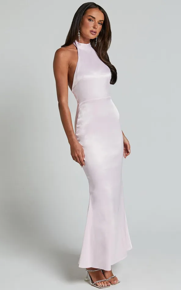 Showpo Britany Maxi Dress 8211 Halter Neck Backless Ribbon Detail Fit And Flare Dress In Pink Women Dresses