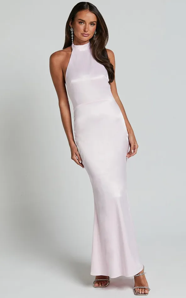 Showpo Britany Maxi Dress 8211 Halter Neck Backless Ribbon Detail Fit And Flare Dress In Pink Women Dresses