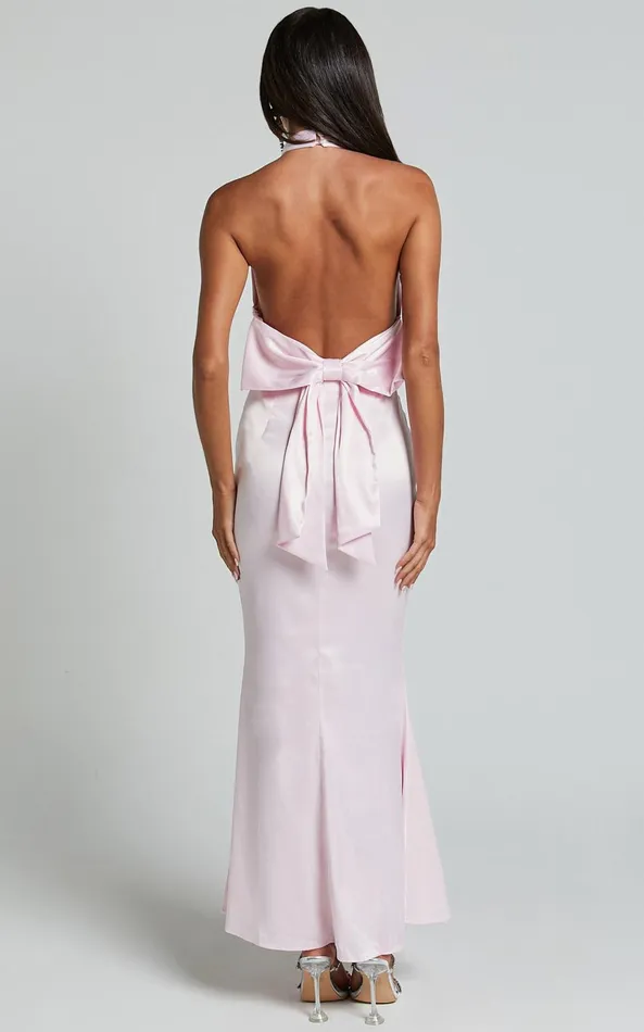 Showpo Britany Maxi Dress 8211 Halter Neck Backless Ribbon Detail Fit And Flare Dress In Pink Women Dresses