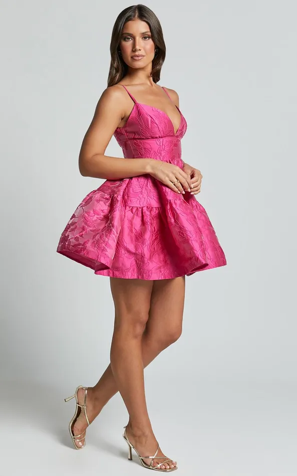 Showpo Britany Mini Dress 8211 V Neck Tiered Strappy Tiered Fit And Flare Dress In Fuchsia Women Dresses