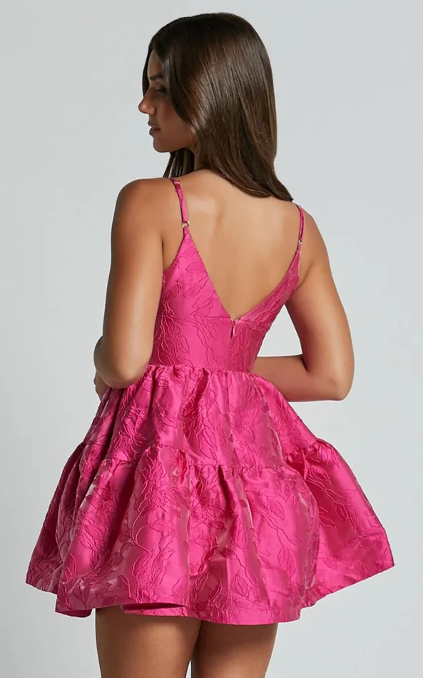 Showpo Britany Mini Dress 8211 V Neck Tiered Strappy Tiered Fit And Flare Dress In Fuchsia Women Dresses