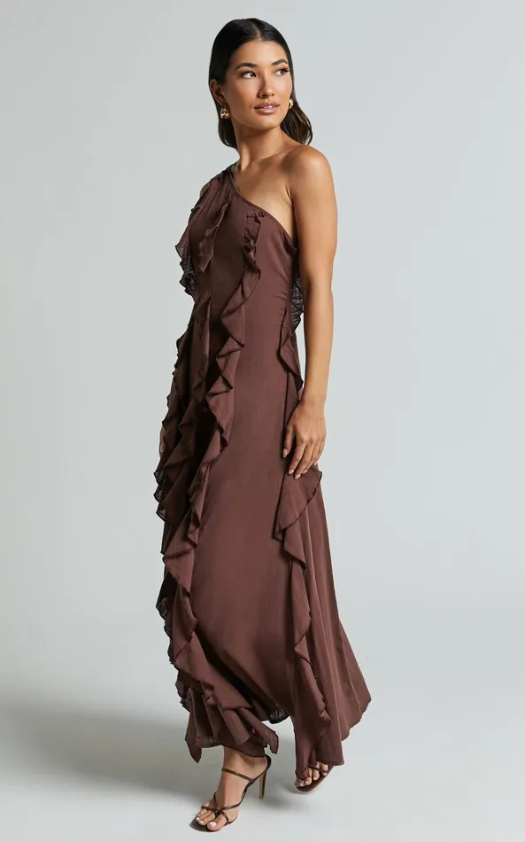 Showpo Britney Maxi Dress 8211 One Shoulder Ruffle Detail Dress In Chocolate Women Dresses