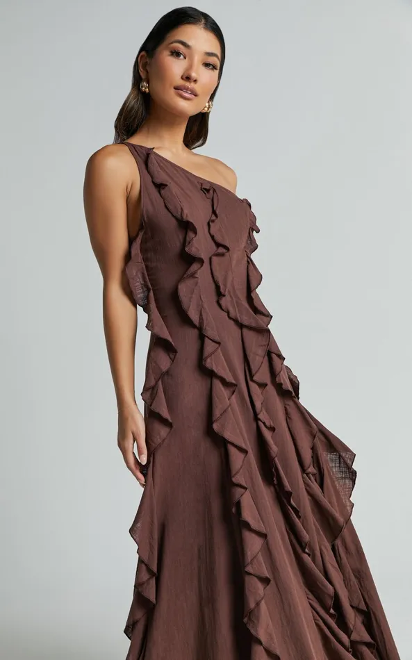 Showpo Britney Maxi Dress 8211 One Shoulder Ruffle Detail Dress In Chocolate Women Dresses
