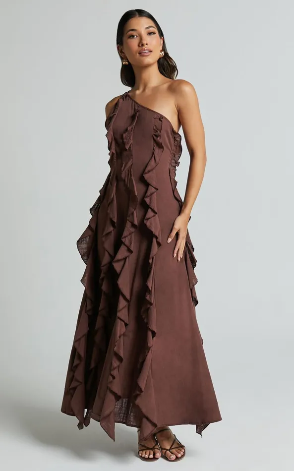 Showpo Britney Maxi Dress 8211 One Shoulder Ruffle Detail Dress In Chocolate Women Dresses