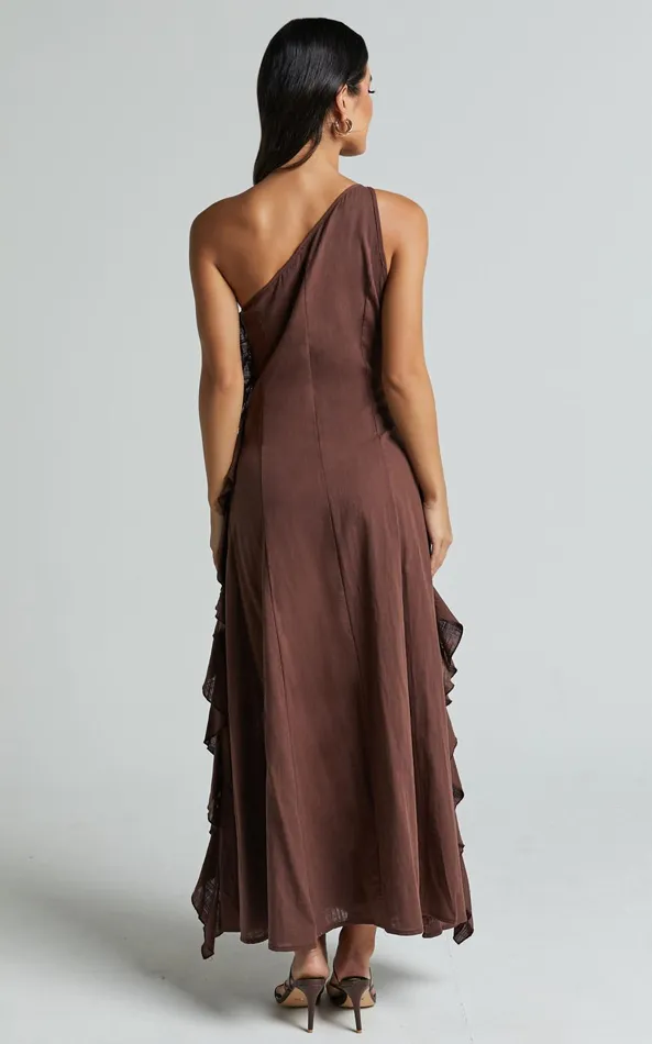 Showpo Britney Maxi Dress 8211 One Shoulder Ruffle Detail Dress In Chocolate Women Dresses