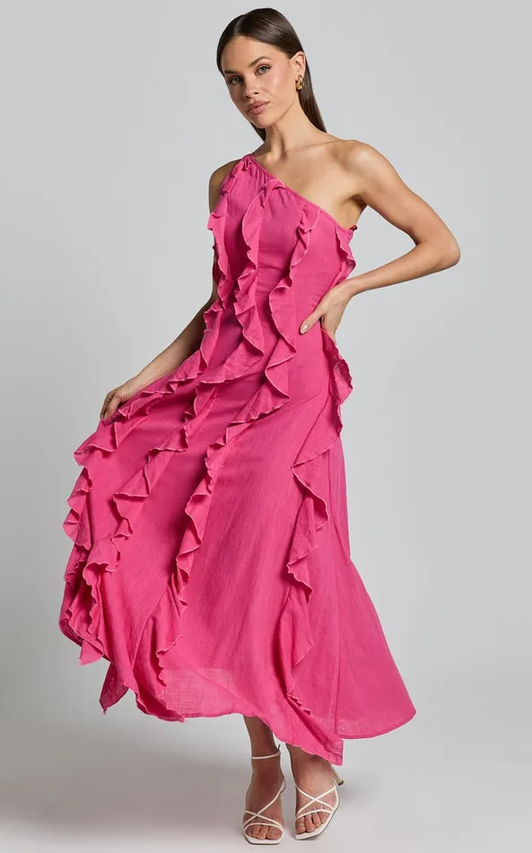 Showpo Britney Maxi Dress 8211 One Shoulder Ruffle Detail Dress In Pink Women Dresses