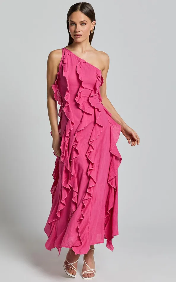 Showpo Britney Maxi Dress 8211 One Shoulder Ruffle Detail Dress In Pink Women Dresses
