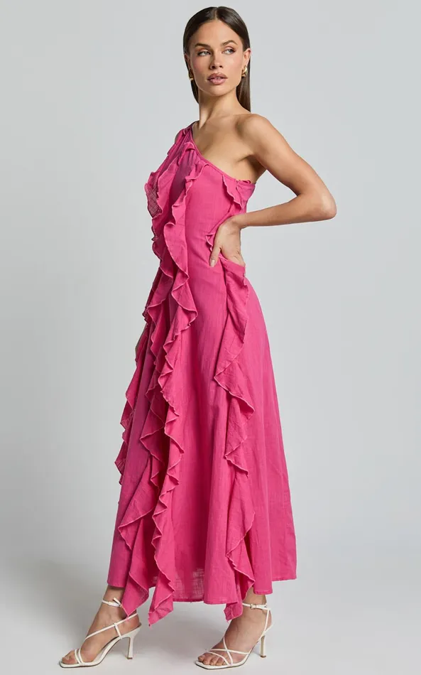 Showpo Britney Maxi Dress 8211 One Shoulder Ruffle Detail Dress In Pink Women Dresses