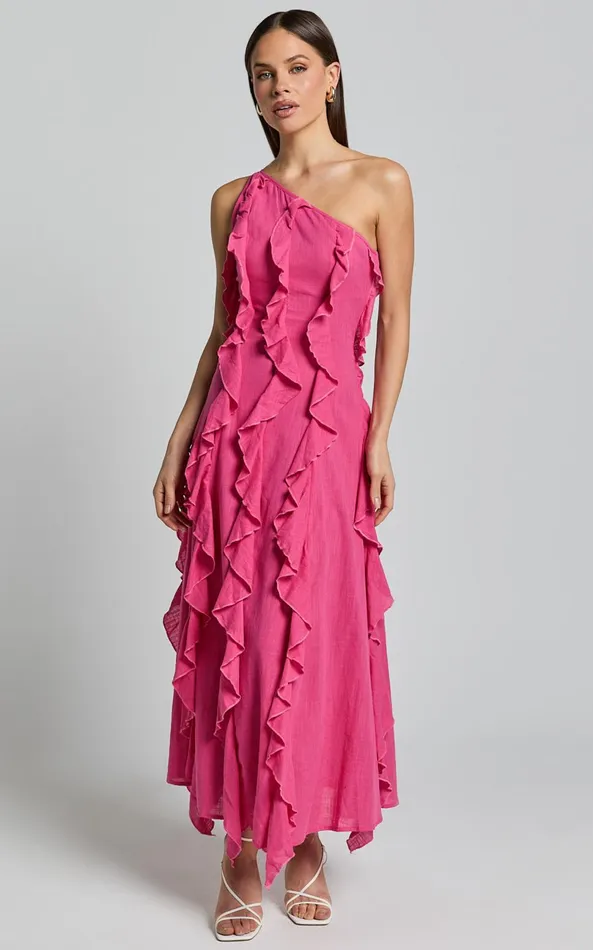 Showpo Britney Maxi Dress 8211 One Shoulder Ruffle Detail Dress In Pink Women Dresses
