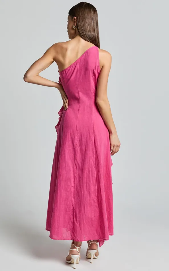 Showpo Britney Maxi Dress 8211 One Shoulder Ruffle Detail Dress In Pink Women Dresses