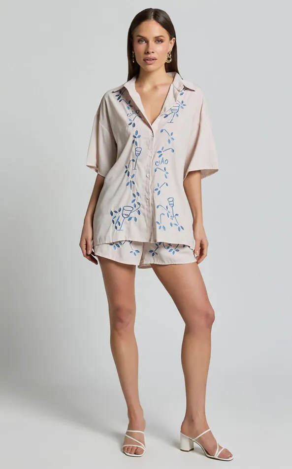 Showpo Britta Two Piece Set 8211 Button Up Shirt and Short Set In Blue Print Women Two Piece Sets and Coords