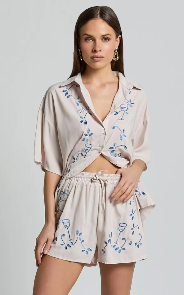 Showpo Britta Two Piece Set 8211 Button Up Shirt and Short Set In Blue Print Women Two Piece Sets and Coords