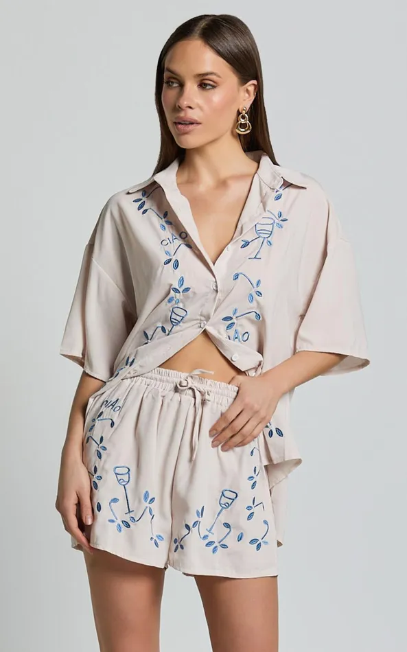 Showpo Britta Two Piece Set 8211 Button Up Shirt and Short Set In Blue Print Women Two Piece Sets and Coords