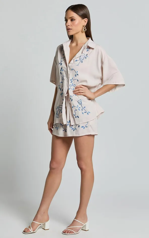 Showpo Britta Two Piece Set 8211 Button Up Shirt and Short Set In Blue Print Women Two Piece Sets and Coords