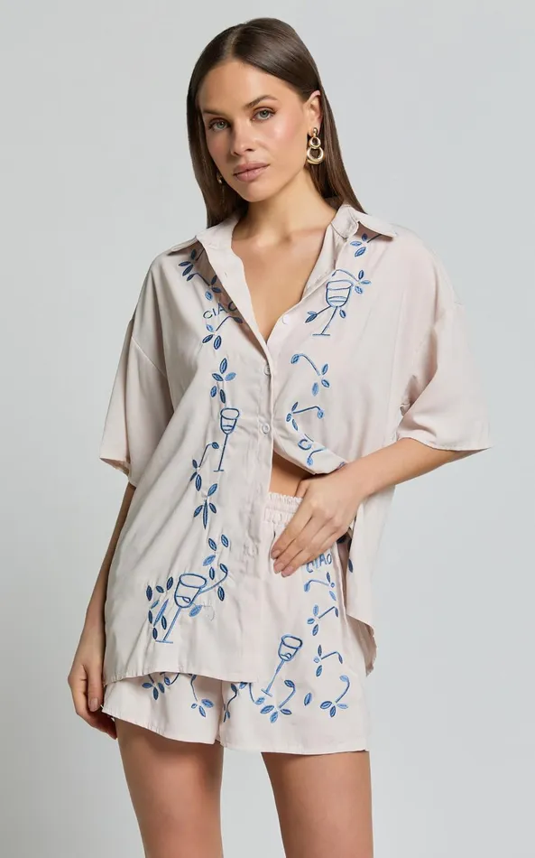 Showpo Britta Two Piece Set 8211 Button Up Shirt and Short Set In Blue Print Women Two Piece Sets and Coords