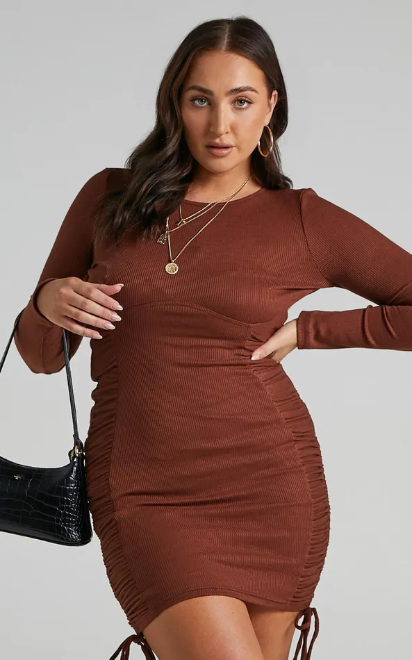 Showpo Brittah Mini Dress 8211 Long Sleeve Dress In Chocolate Women Dresses