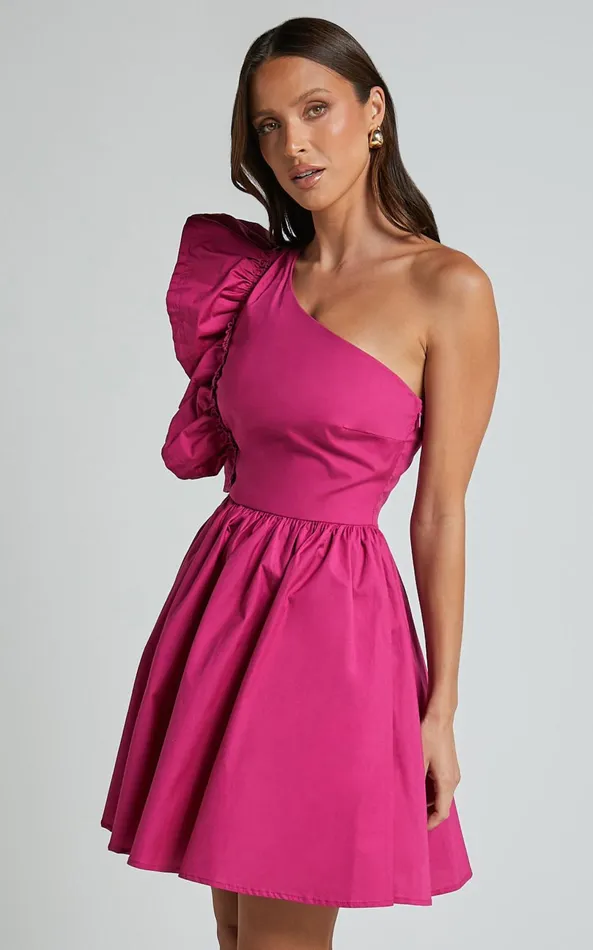 Showpo Brodie Mini Dress 8211 One Shoulder Frill Dress In Raspberry Women Dresses