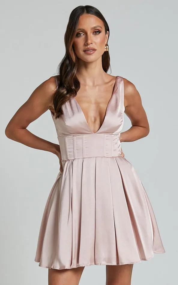 Showpo Bronte Mini Dress 8211 Plunge Neck Fit And Flare In Blush Women Dresses Showpo Bronte Mini Dress 8211 Plunge Neck Fit And Flare In Blush Women Dresses