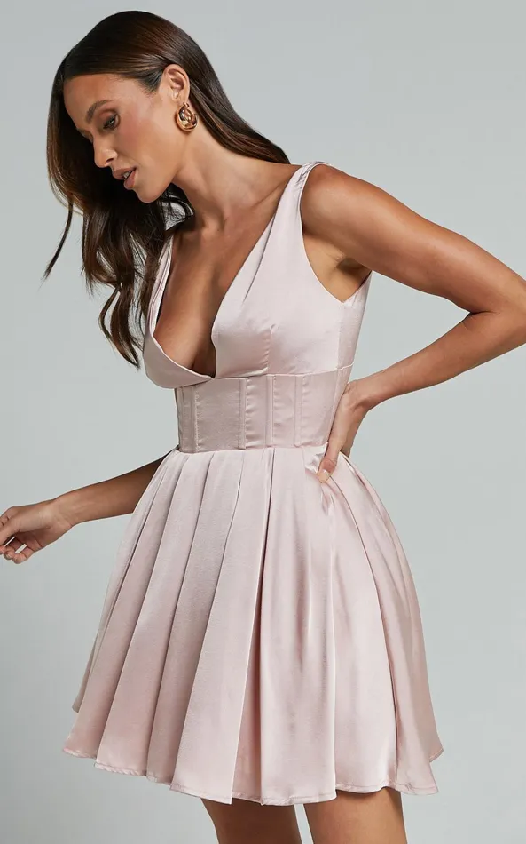 Showpo Bronte Mini Dress 8211 Plunge Neck Fit And Flare In Blush Women Dresses