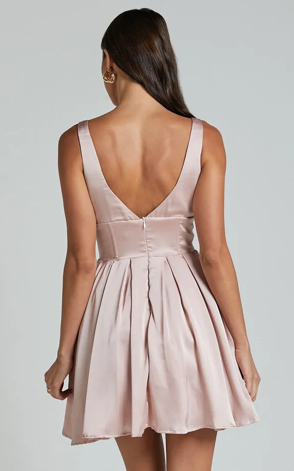 Showpo Bronte Mini Dress 8211 Plunge Neck Fit And Flare In Blush Women Dresses