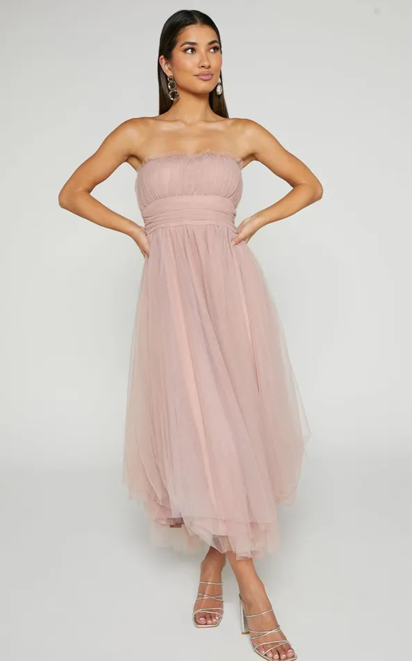 Showpo Brooke Midi Dress 8211 Tulle Frill Detail Midi Dress In Blush Women Dresses