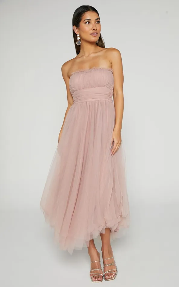 Showpo Brooke Midi Dress 8211 Tulle Frill Detail Midi Dress In Blush Women Dresses