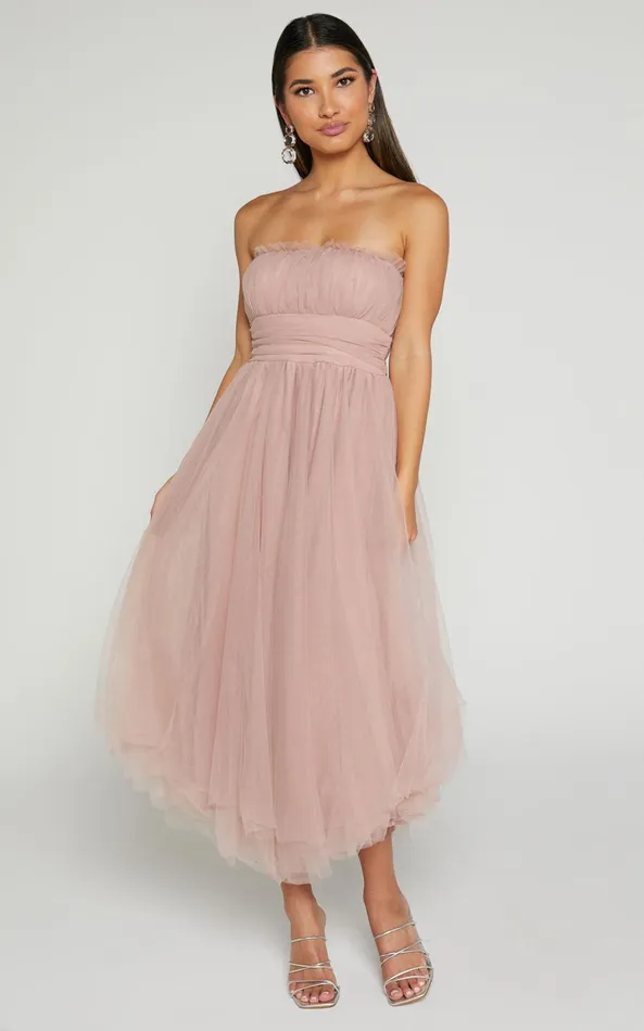 Showpo Brooke Midi Dress 8211 Tulle Frill Detail Midi Dress In Blush Women Dresses