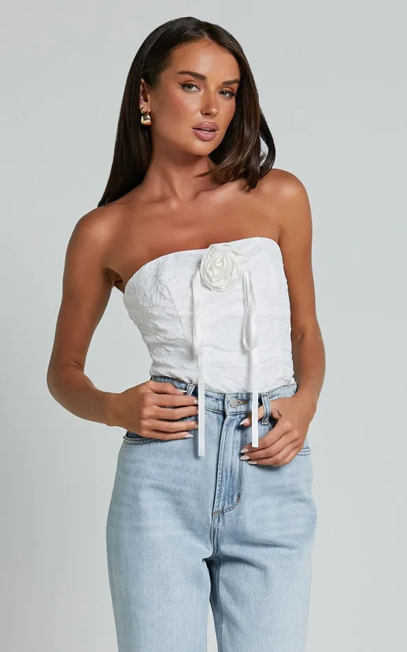 Showpo Brooke Top 8211 Strapless Jacquard Detachable Rosette Top In White Women Tops