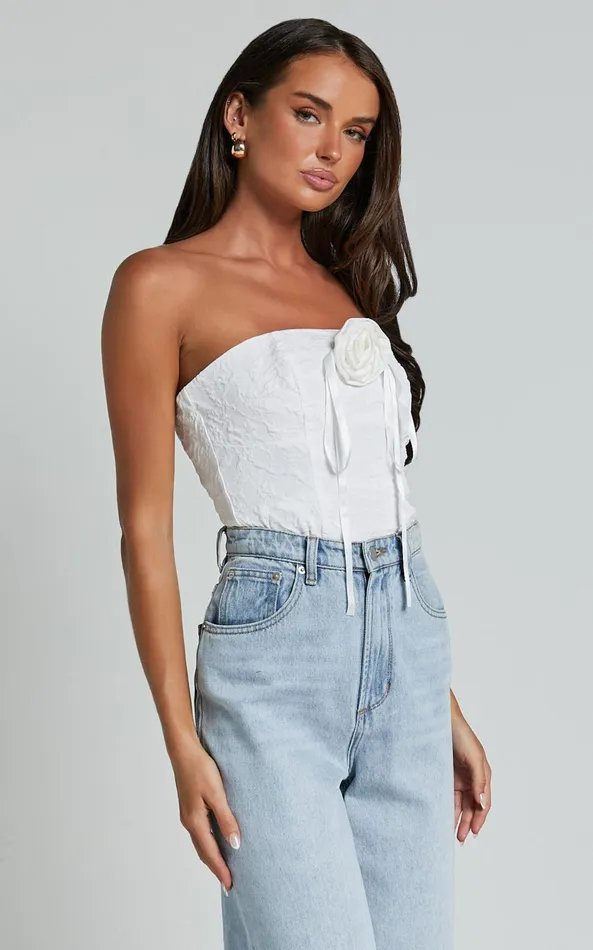 Showpo Brooke Top 8211 Strapless Jacquard Detachable Rosette Top In White Women Tops