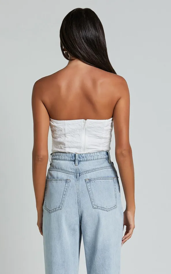 Showpo Brooke Top 8211 Strapless Jacquard Detachable Rosette Top In White Women Tops