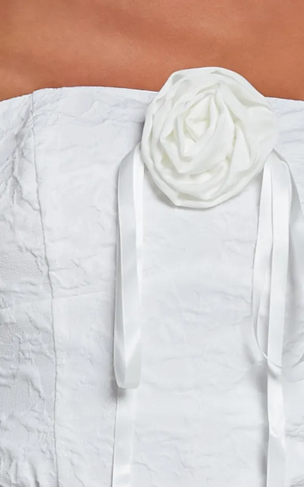 Showpo Brooke Top 8211 Strapless Jacquard Detachable Rosette Top In White Women Tops