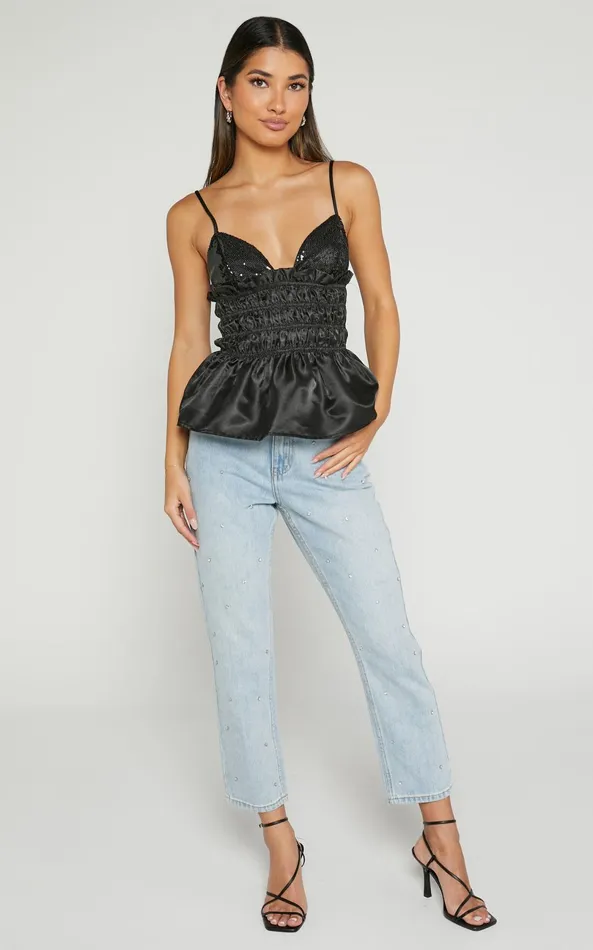 Showpo Brunetta Top 8211 Sequin Shirred Peplum Top In Black Women Tops