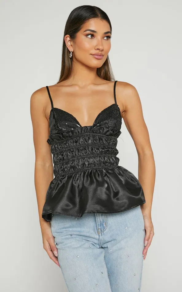 Showpo Brunetta Top 8211 Sequin Shirred Peplum Top In Black Women Tops
