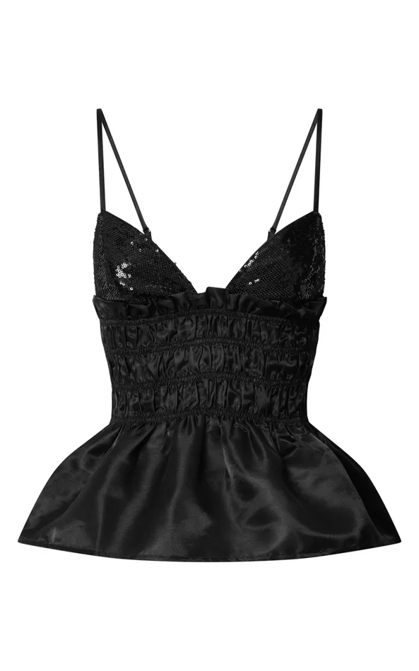 Showpo Brunetta Top 8211 Sequin Shirred Peplum Top In Black Women Tops