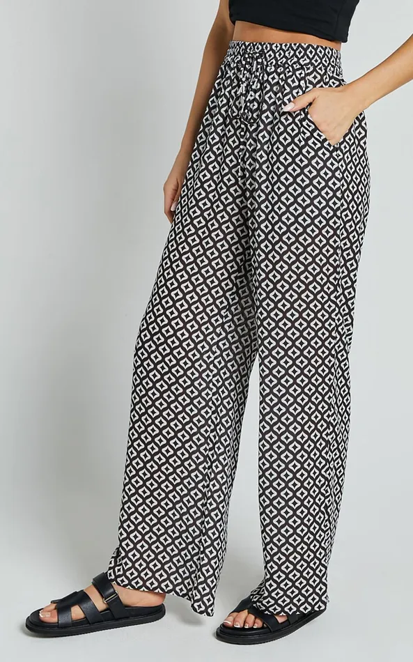 Showpo Brunita Pants 8211 Mid Waisted Relaxed Elastic Waist Pants In Arluna Geo Print Women Pants