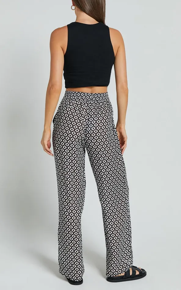 Showpo Brunita Pants 8211 Mid Waisted Relaxed Elastic Waist Pants In Arluna Geo Print Women Pants