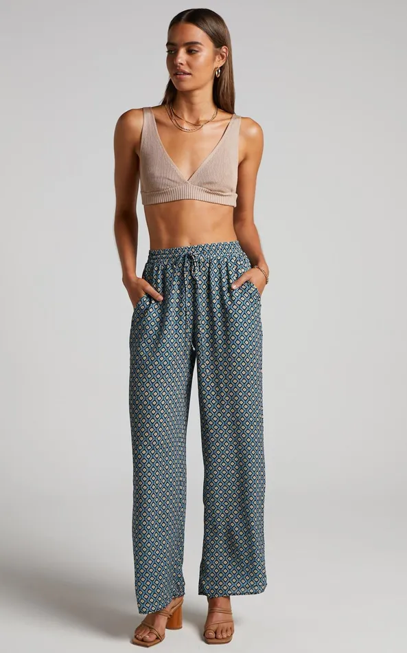 Showpo Brunita Pants 8211 Mid Waisted Relaxed Elastic Waist Pants In Tile Geo Women Curve Clothes