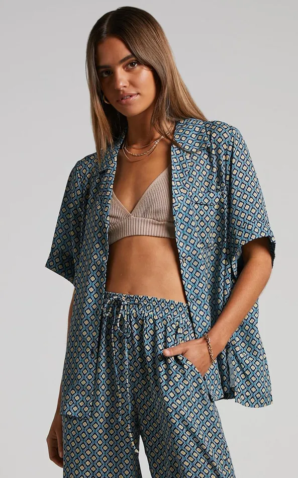 Showpo Brunita Shirt 8211 Relaxed Short Sleeve Shirt In Tile Geo Women Curve Clothes