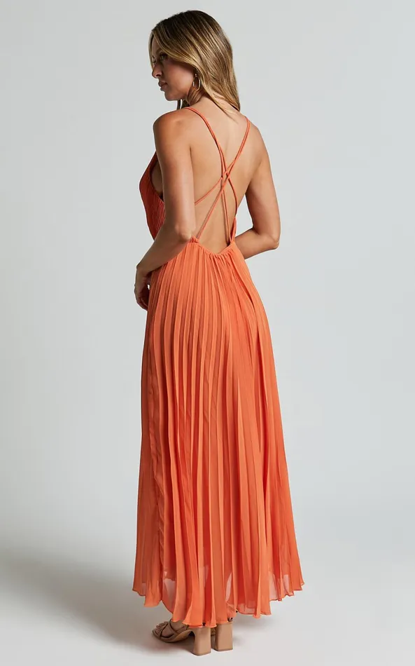 Showpo Brylee Midi Dress 8211 Satin Pleated Wrap Dress In Orange Women Dresses