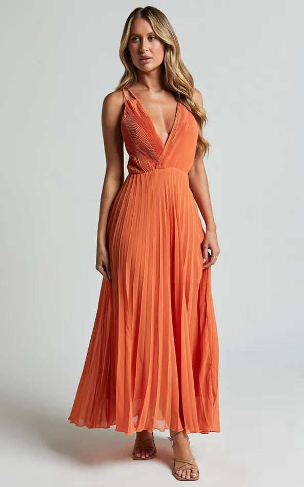 Showpo Brylee Midi Dress 8211 Satin Pleated Wrap Dress In Orange Women Dresses