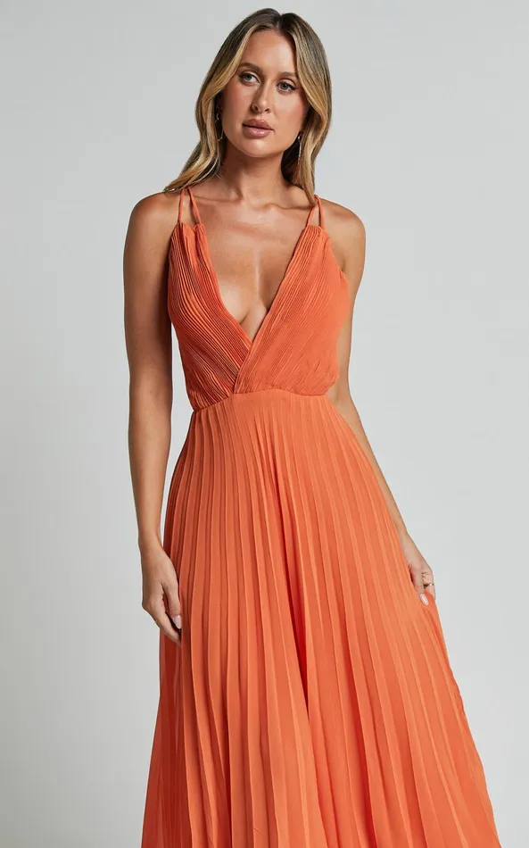 Showpo Brylee Midi Dress 8211 Satin Pleated Wrap Dress In Orange Women Dresses