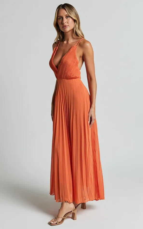 Showpo Brylee Midi Dress 8211 Satin Pleated Wrap Dress In Orange Women Dresses