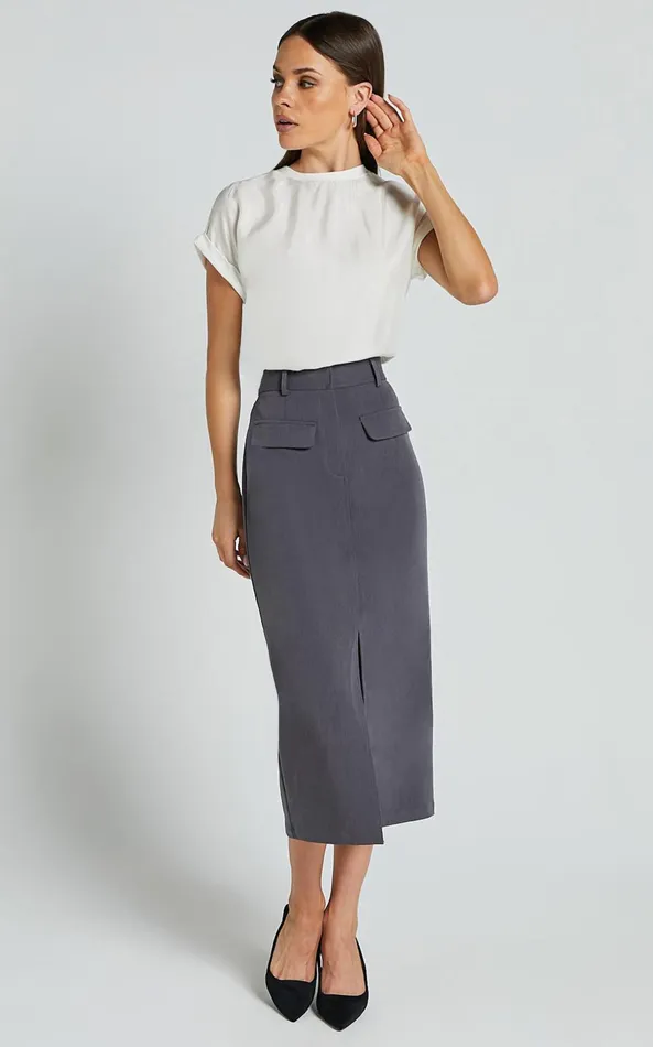 Showpo Brylee Midi Skirt 8211 High Waisted Front Split Skirt In Charcoal Women Skirts Showpo Brylee Midi Skirt 8211 High Waisted Front Split Skirt In Charcoal Women Skirts