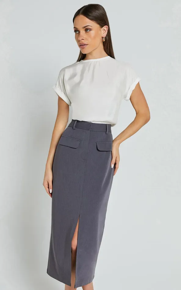 Showpo Brylee Midi Skirt 8211 High Waisted Front Split Skirt In Charcoal Women Skirts