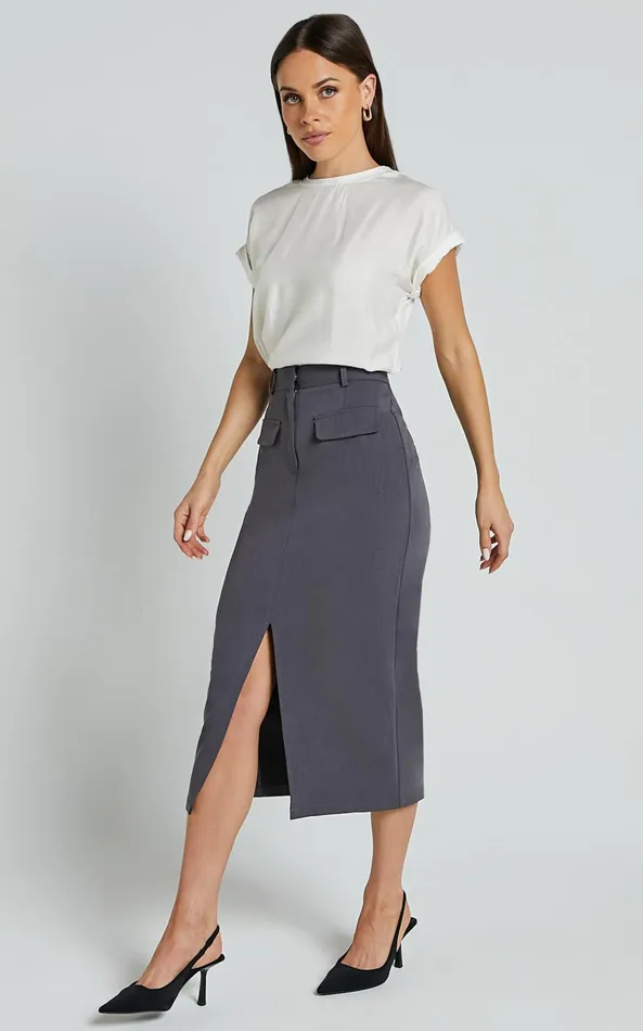 Showpo Brylee Midi Skirt 8211 High Waisted Front Split Skirt In Charcoal Women Skirts