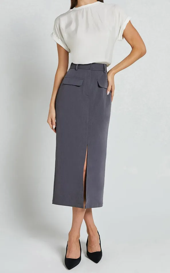 Showpo Brylee Midi Skirt 8211 High Waisted Front Split Skirt In Charcoal Women Skirts