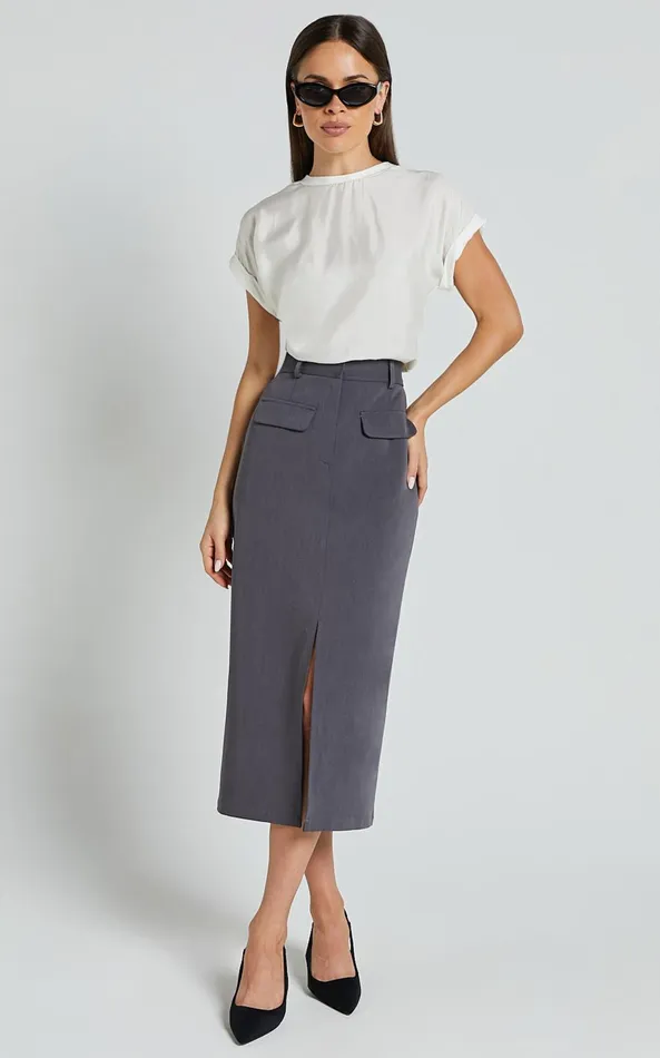 Showpo Brylee Midi Skirt 8211 High Waisted Front Split Skirt In Charcoal Women Skirts