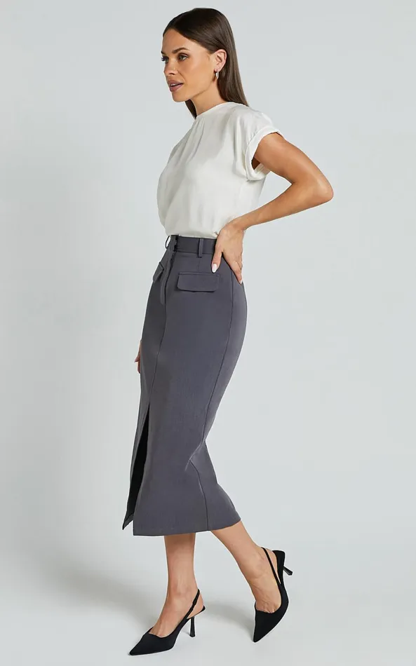 Showpo Brylee Midi Skirt 8211 High Waisted Front Split Skirt In Charcoal Women Skirts