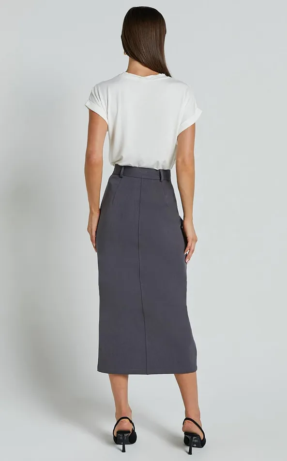 Showpo Brylee Midi Skirt 8211 High Waisted Front Split Skirt In Charcoal Women Skirts