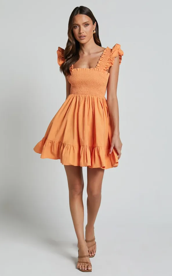 Showpo Brynlee Mini Dress 8211 Elastic Chest Flutter Sleeve Hem Dress In Mandarin Women Dresses
